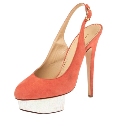 Pre-owned Charlotte Olympia Coral Suede Dolly Slingback Platform Pumps Size 38 In Red
