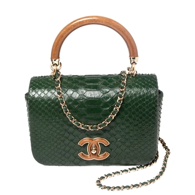 Pre-owned Chanel Green Python Knock On The Wood Top Handle Bag | ModeSens