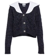 Ganni Cropped Embellished Poplin-collar Cable-knit Cardigan In Navy Blue Wool In Sky Captain