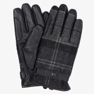 Barbour Black Leather And Wool Gloves In Black Gray