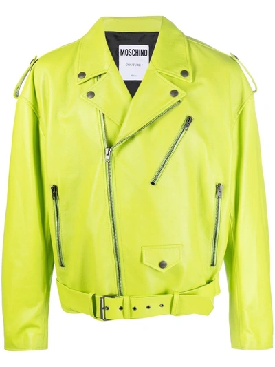 Moschino Logo-print Biker Jacket In Acid Green
