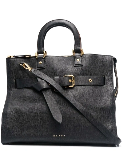 Marni Logo-detail Leather Tote Bag In Black