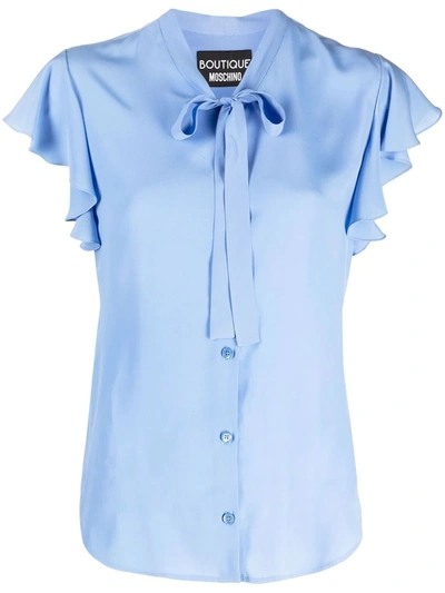 Boutique Moschino Pussybow Ruffled-sleeve Blouse In Blue