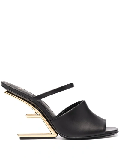 Fendi 95mm Leather Metallic-heel Slide Sandals In Black