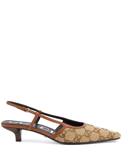 Gucci Brown Gg 35 Crystal Embellished Slingback Pumps In Neutrals