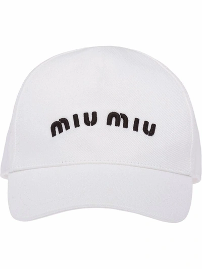 Miu Miu Logo Cotton Drill Baseball Cap In Bianco+nero
