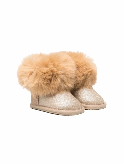 Monnalisa Kids' Faux Fur-trim Suede Boots In Gold