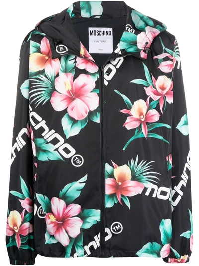 Moschino Hawaiian Print Hooded Coat In Black