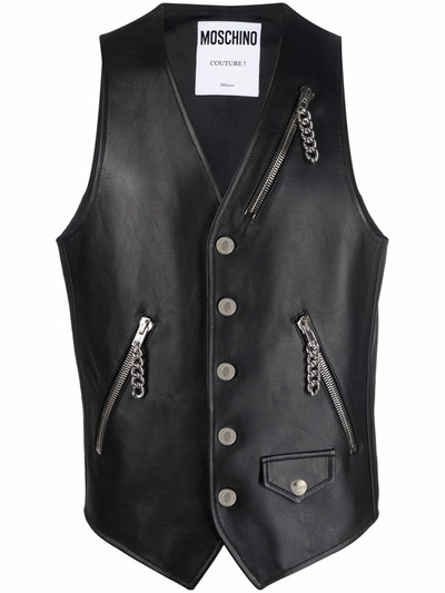 Moschino Zip-pocket Leather Waistcoat In Black