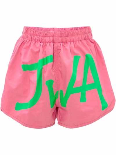 Jw Anderson Monogram Logo Nylon Swim Trunks In Pink Green