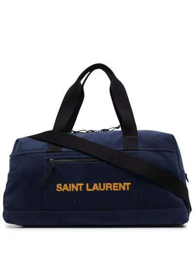 Saint Laurent Logo刺绣灯芯绒旅行包 In Blue