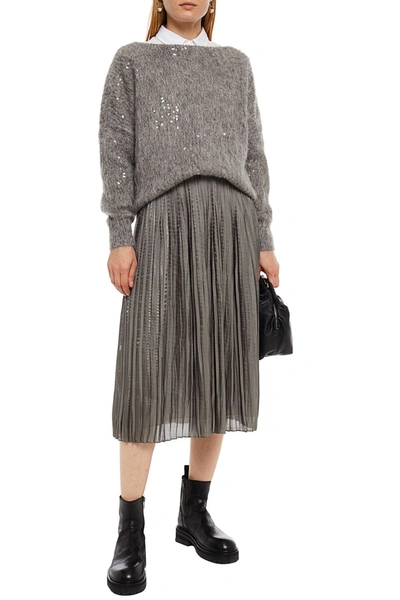 Brunello Cucinelli Oversized Embellished Brushed Knitted Jumper In Grey