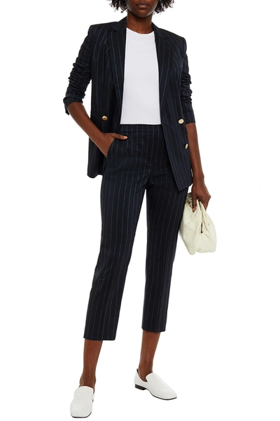 Theory Piazza Double-breasted Pinstriped Linen-blend Blazer In Blue
