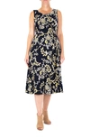 Nina Leonard Crew Neck Sleeveless Midi Dress In Navy Yellow Multi