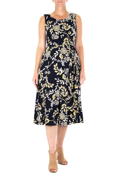 Nina Leonard Crew Neck Sleeveless Midi Dress In Navy Yellow Multi