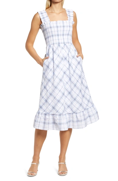 Eliza J Smocked Plaid Cotton Seersucker Midi Sundress In Navy