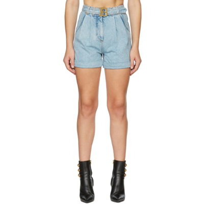 Balmain Logo Belted High-rise Denim Shorts In Light Wash Denim