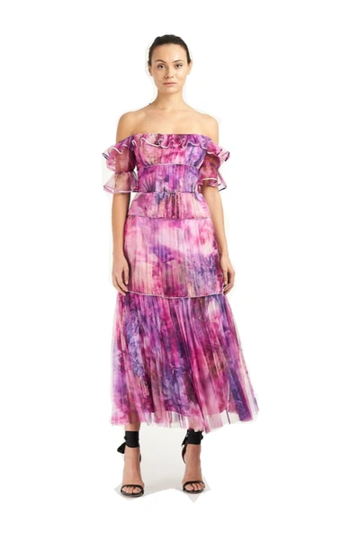 Marchesa Notte Off The Shoulder Printed Chiffon Tea Dress In Pink