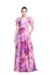 Marchesa Notte Cape-effect Bow-embellished Floral-print Chiffon Gown In Multicolor