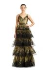 Marchesa Notte Sleeveless V-neck Glitter Tulle 5-tiered Gown In Black