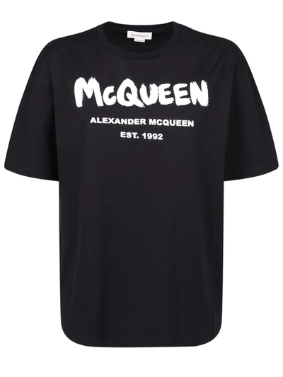 Alexander Mcqueen Oversize Printed Cotton T-shirt In Black