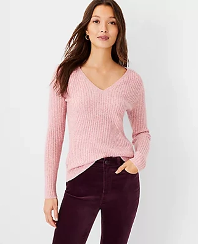 Ann Taylor Marled Ribbed V-neck Sweater In Pink Sea Shell