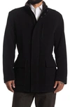 Cole Haan Signature Wool Blend Faux Fur Lined Stand Collar Jacket In Black