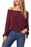 Cece Off The Shoulder Jacquard Blouse In Rich Cabernet