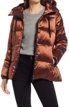 Sam Edelman Iridescent Water Repellent Hooded Puffer Jacket In Copper