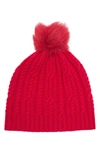 Sofia Cashmere Cashmere Cable Knit Genuine Shearling Pompom Beanie In 600red