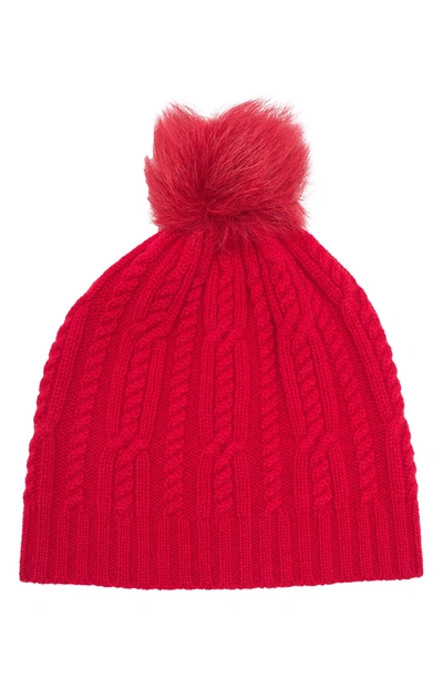 Sofia Cashmere Cashmere Cable Knit Genuine Shearling Pompom Beanie In 600red