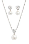 Nadri Camila Cubic Zirconia And Imitation Pearl Necklace & Earrings Set In Rhodium