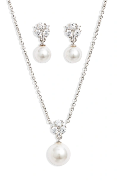 Nadri Camila Cubic Zirconia And Imitation Pearl Necklace & Earrings Set In Rhodium