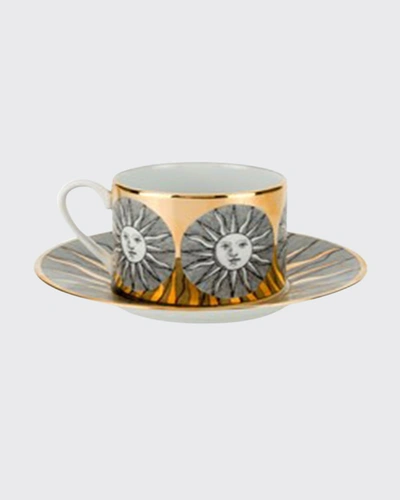 Fornasetti Tea Cup Sole Sunny Face In Black/gold