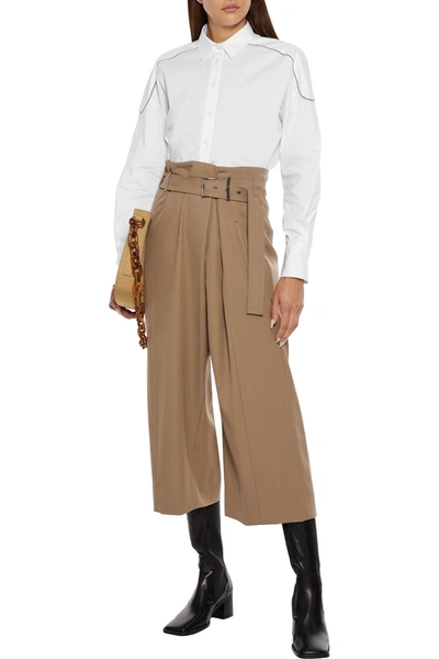 Brunello Cucinelli Cropped Belted Wool-crepe Wide-leg Pants In Sand