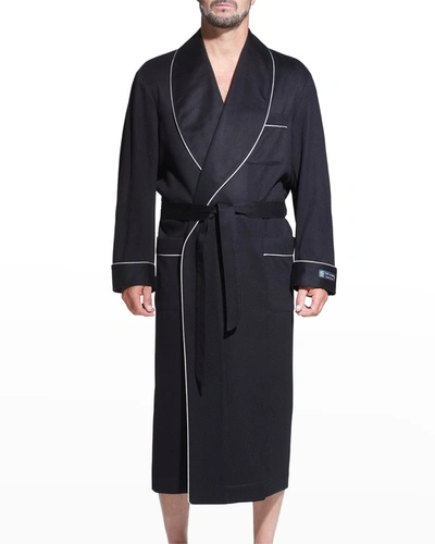 Majestic Men's Cashmere Braid-trim Shawl Robe In Blackness W/ Silver Braid