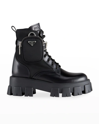 Prada Leather Zip Pocket Combat Booties In Bianco