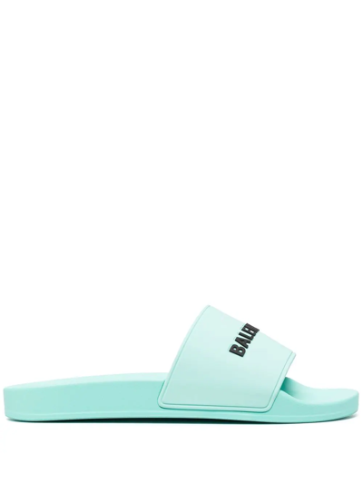 Balenciaga Raised Logo Pool Slides In Turquoise Black
