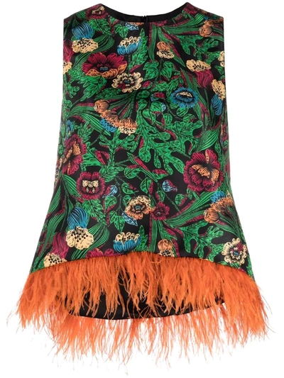 La Doublej La Scala Floral Garden-print Top W/ Feather Trim In Gar0001