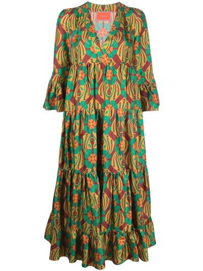 La Doublej Jennifer Jane Clover-print Tiered Silk Twill Midi Dress In Multicolour