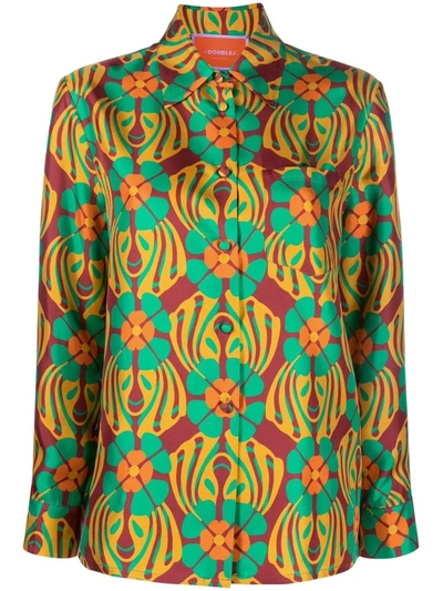 La Doublej Boy Abstract Clover-print Silk Shirt