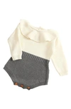 Ashmi And Co Babies' Isabella Ruffle Collar Colorblock Knit Cotton Bodysuit In Gray