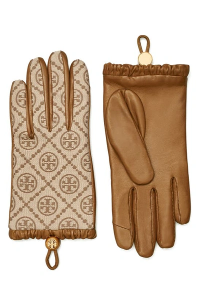Tory Burch T Monogram Jacquard & Leather Gloves In Hazel