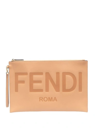 Fendi Light Brown Logo-stamped Clutch Bag In Neutrals