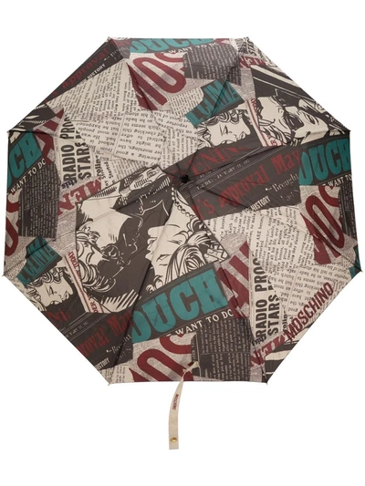 Love Moschino Newspaper-print Panelled Umbrella In Neutrals