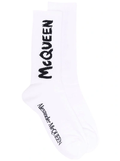 Alexander Mcqueen Intarsia Knit-logo Socks In Black/ivory