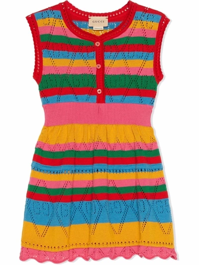Gucci Kids' Gg Striped Open-knit Cotton Dress In Pink/mc