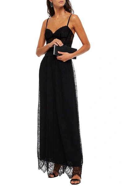 Amanda Wakeley Velvet-trimmed Gathered Lace Maxi Dress In Black