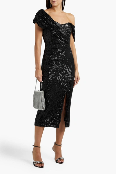 Badgley Mischka Off-the-shoulder Draped Sequined Tulle Midi Dress In Black