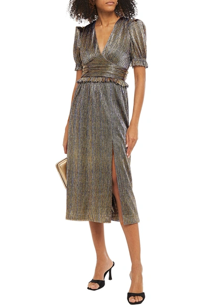 Rebecca Vallance Luna Ruffle-trimmed Plissé Lamé Midi Dress In Gold